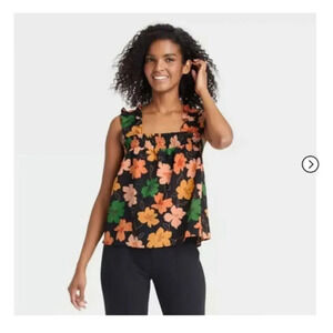Who What Wear Black Floral Ruffle Tank